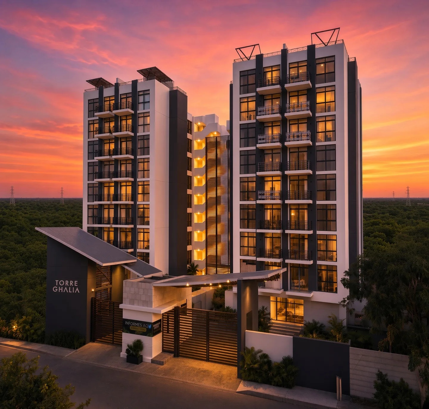 Fachada de Torre Ghalia al atardecer en Av. Huayacán, Cancún